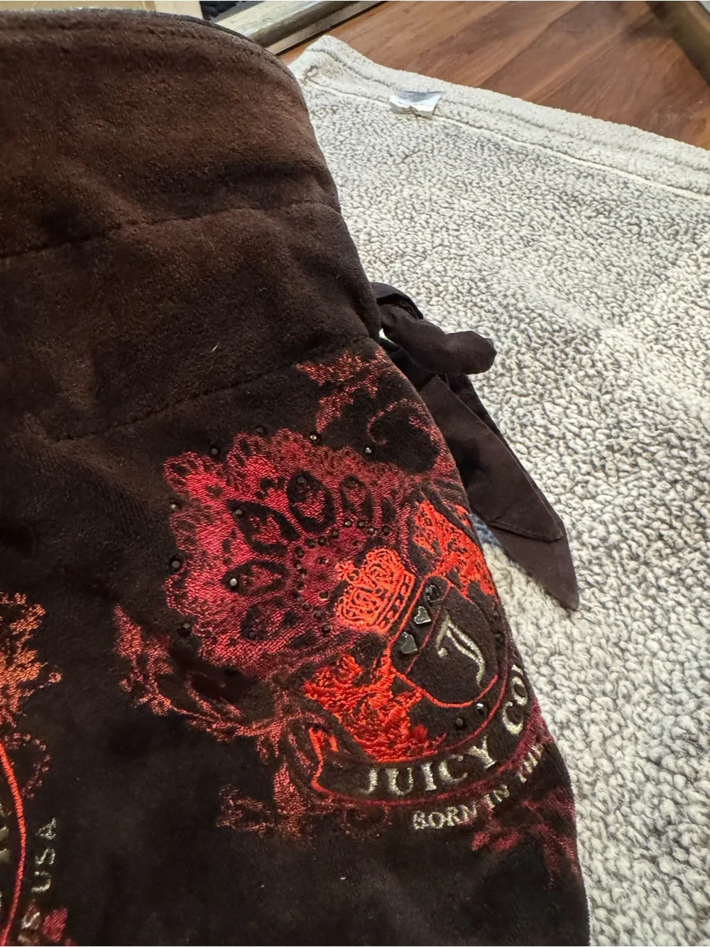Juicy Couture Black Velvet Tote with Red Crest Motifs